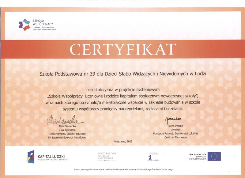 Certyfikat uczestnictwa w projekcie "Szkoła Współpracy"